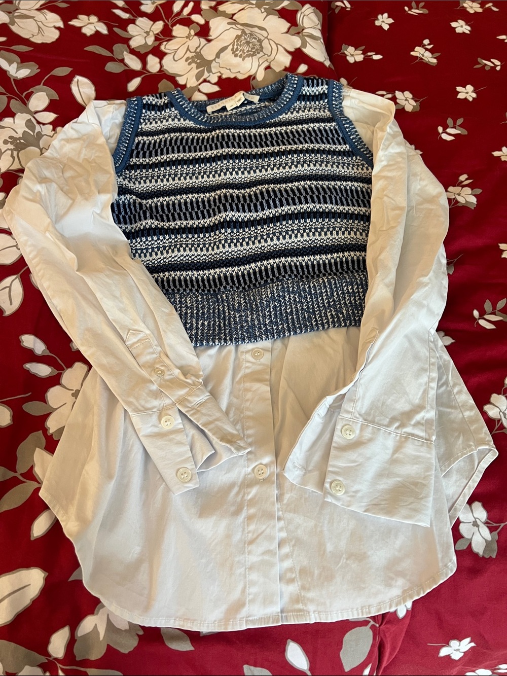 Veronica Beard Blue & White Knit Vest Over White Button-Down Shirt